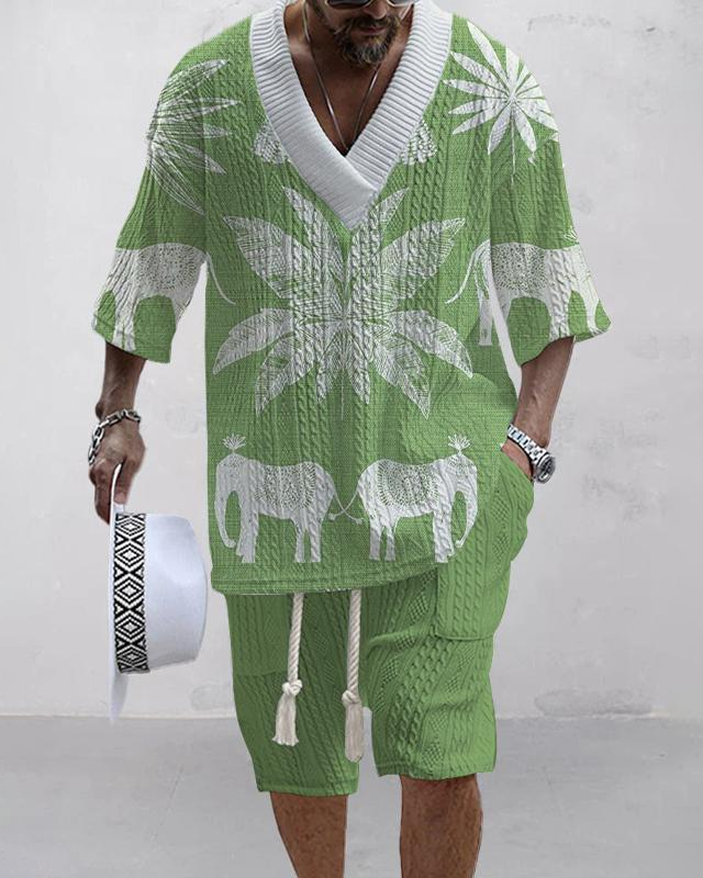 Men's V-neck luxury textured print shorts Set 82