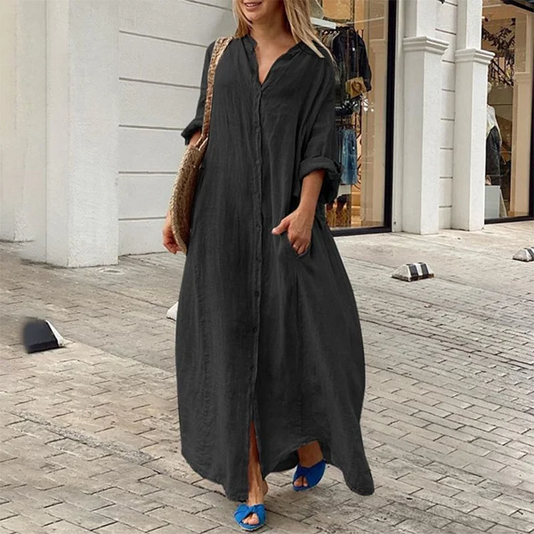 VChics Solid Color Comfortable Casual Loose Fitting Shirt Long Sleeved Maxi Dress