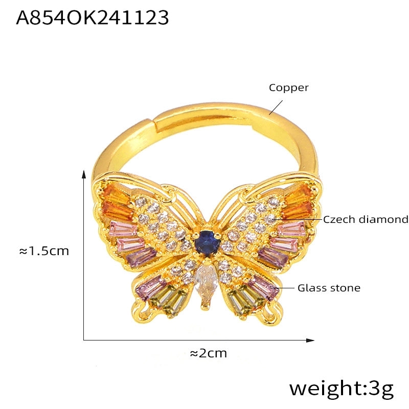 Copper 18K Gold Plated Minimalist Korean Style Inlay Butterfly Rhinestones Open Rings