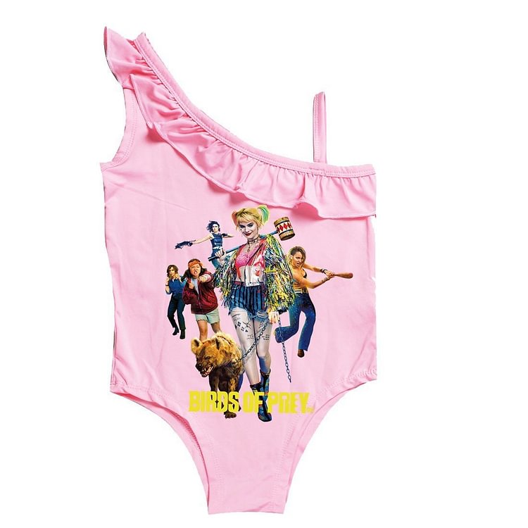 Mayoulove Birds Of Prey Harley Quinn Print Little Girls 1 Piece Ruffle Swimsuit-Mayoulove