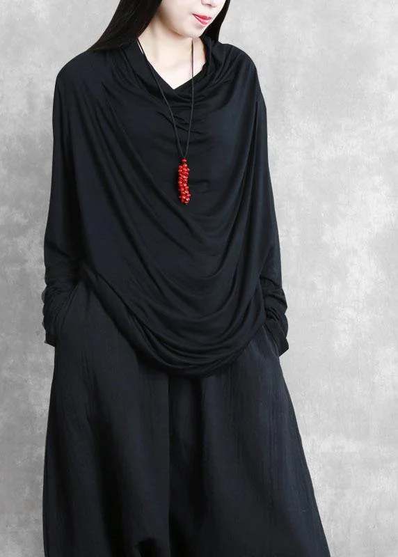 Chic Black Asymmetrical Design Fall Blouse Tops