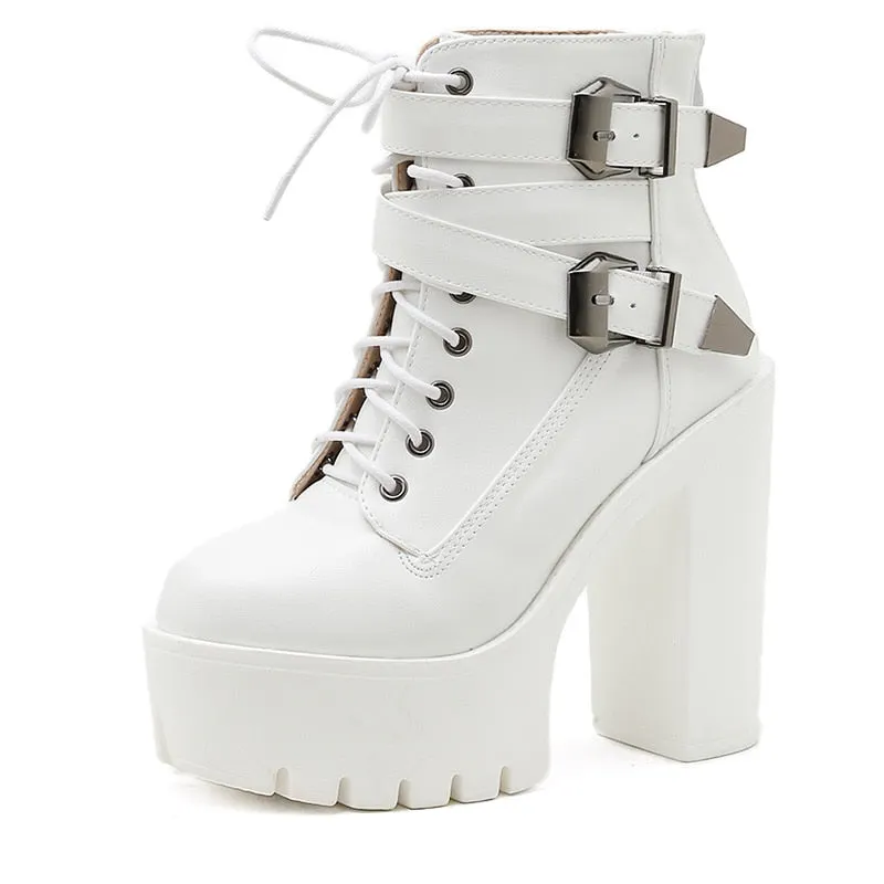 Gdgydh Fashion Metal Buckle Ankle Strap Platform Boots Gothic High Heels For Women Lace Up Black Leather Punk Style Ankle Boots