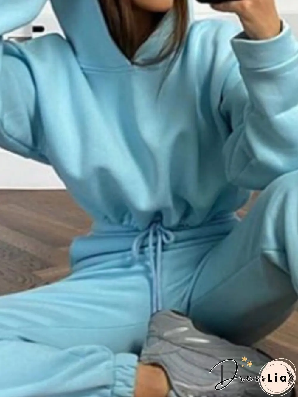 Plain Short Long Sleeve Hoodie 2-Piece Set