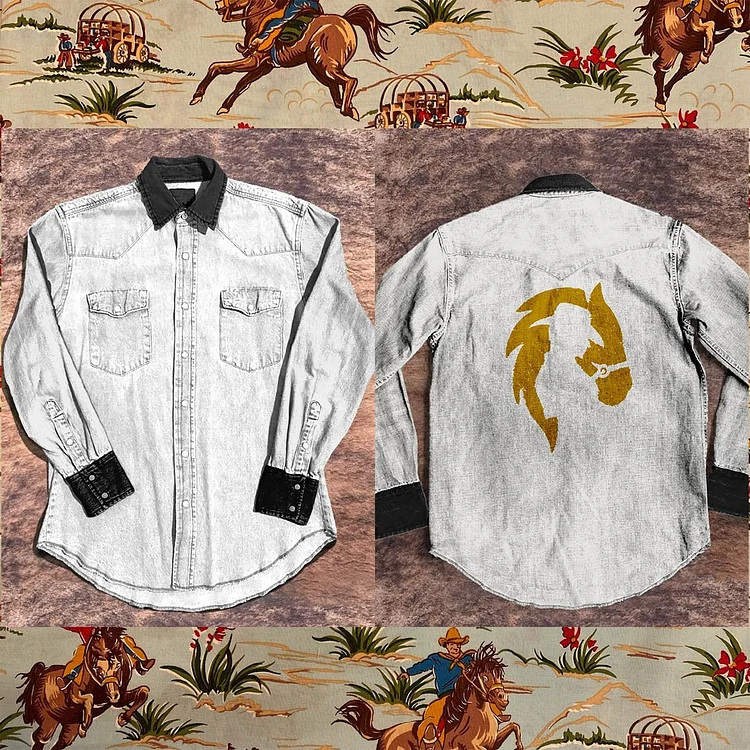 Cowboy Silhouette Vintage Print Casual Shirt