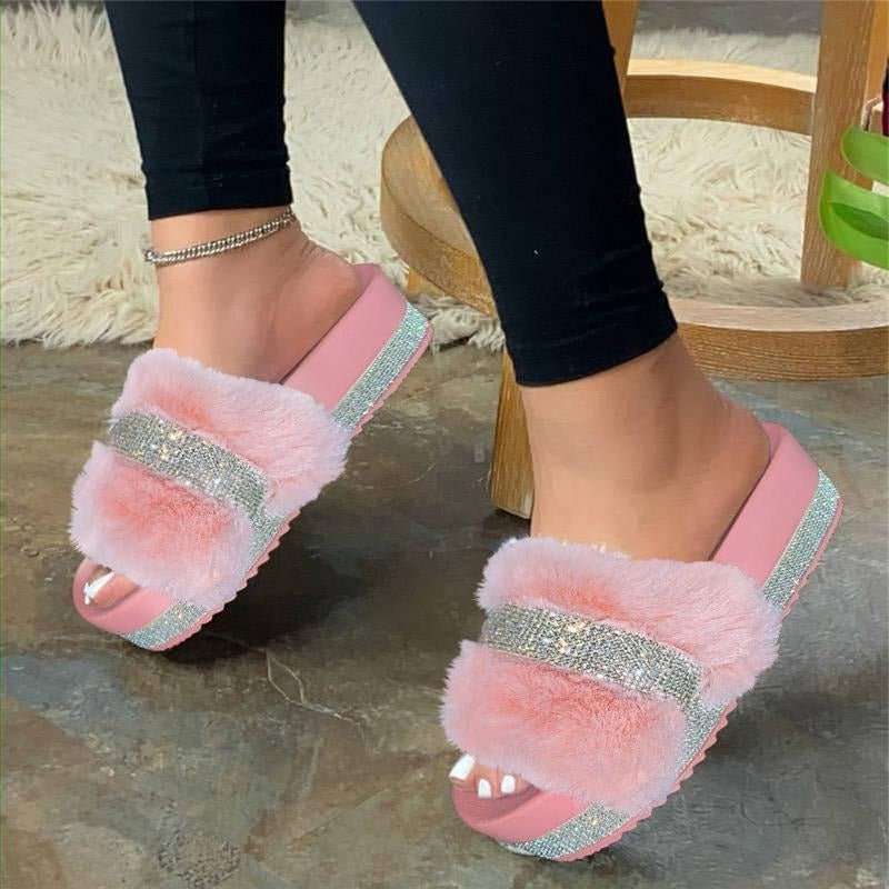 Women's Plush Slippers Rhinestones Glitter Platform Heels Fur Slides
