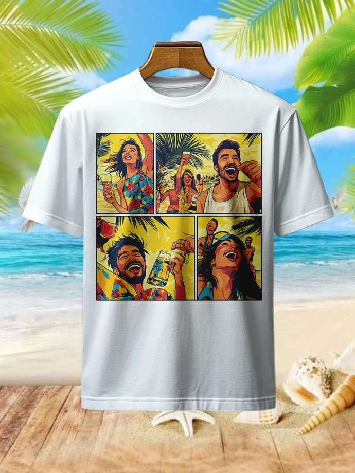 Men's Seaside Party Time Pop Art Illustration Print T-Shirt