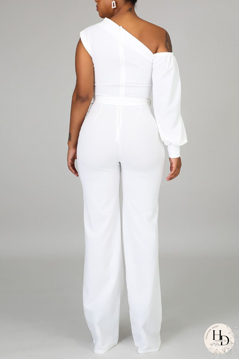White Fashion Casual Solid Patchwork Asymmetrical Asymmetrical Collar Straight Jumpsuits