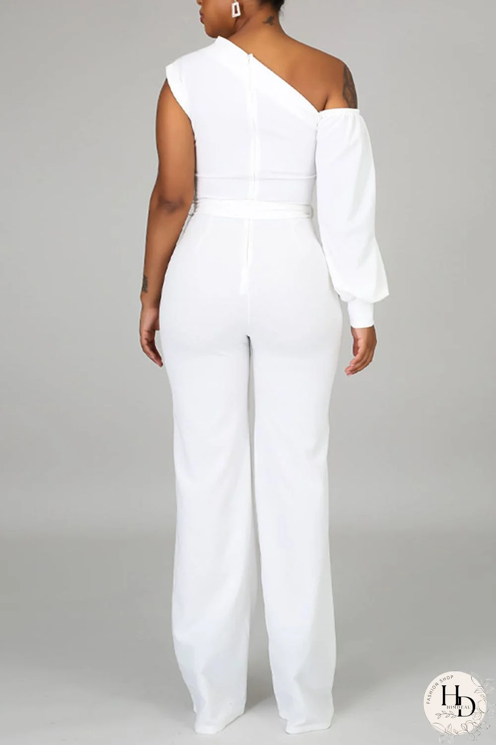 White Fashion Casual Solid Patchwork Asymmetrical Asymmetrical Collar Straight Jumpsuits