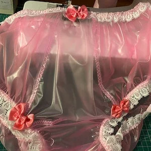 pornhint Pornhint Sissy pink & clear pvc panties-LARGER-GRANNY- knickers waterproof plastic lace bows see through adult baby fetish