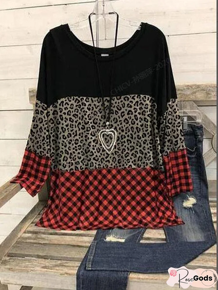 Vintage Cotton-Blend Crew Neck Leopard Tunic Blouse