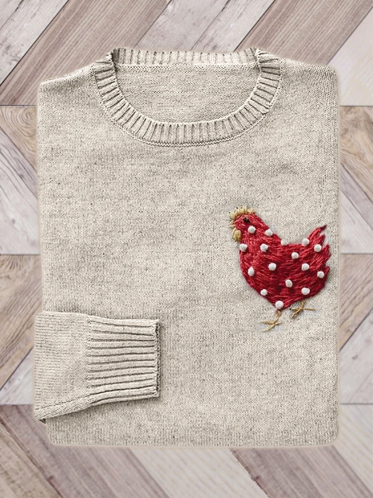 VChics Lovely Polka Dot Chicken Embroidery Art Knit Sweater