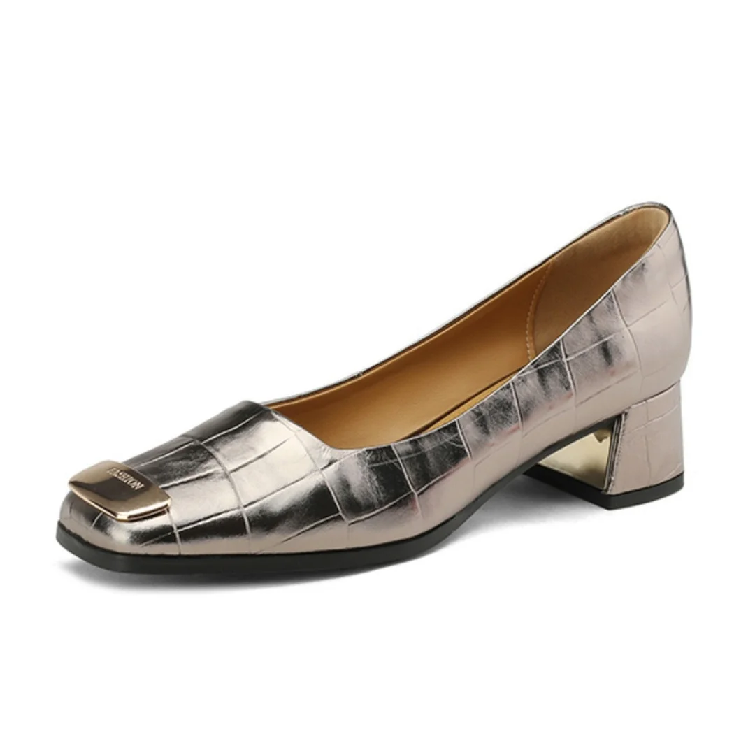 Churchf Churchf 2024 New Head Layer Metal Thick Heel Heel Square Head Shallow Foot Pedal Single Shoes Women