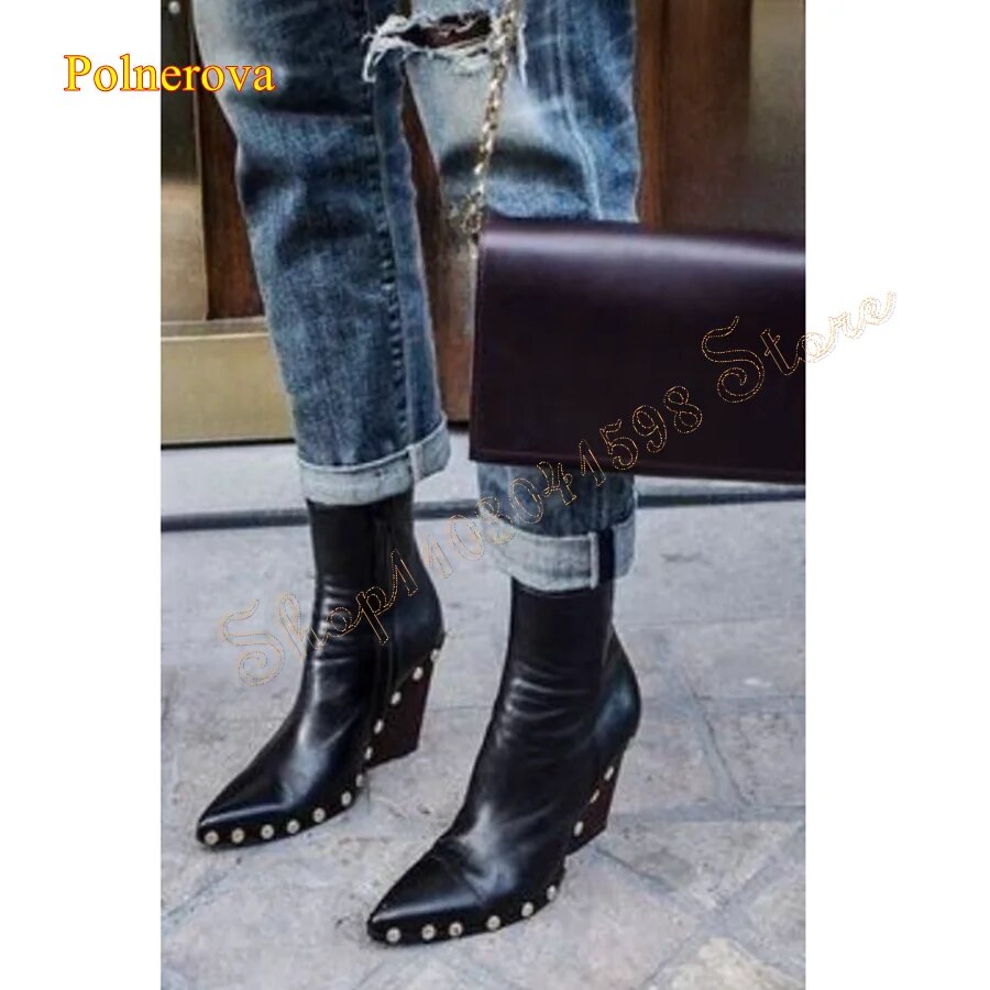 VCshoes Pointed Toe Studded Leather Mid Calf BootsWooden Wedge Women Boots Zip Heel Boots Plus Size Zapatos Para Mujere