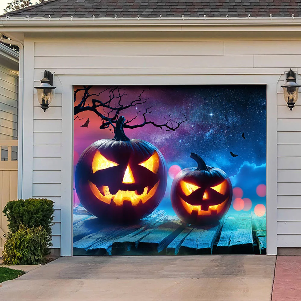 Carved pumpkin Jack O'lantern garage door banner mural