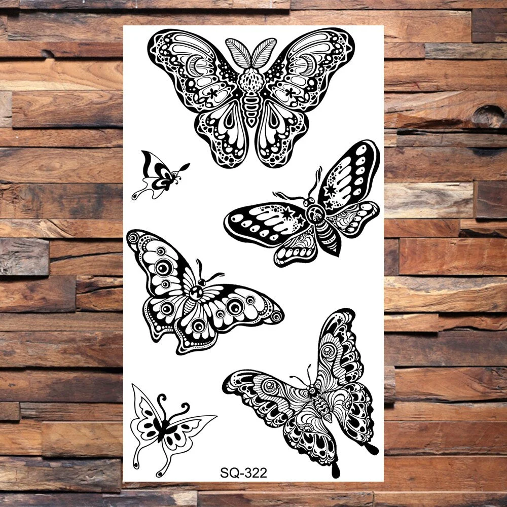 Small Butterfly Temporary Tattoos For Women Girls Realistic Skull Rose Flower Snake Feather Fake Tattoo Sticker Back Arm Tatoos