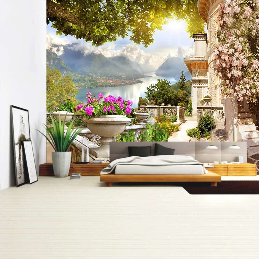 Balcony City Castle Hill Green Plant Landscape Printing Tapestry Cheap Hippie Wall Hanging Bohemian Wall Tapestries