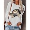 Women&lsquo;s Round Neck Pullover Cat Printed Long Sleeve T-shirt