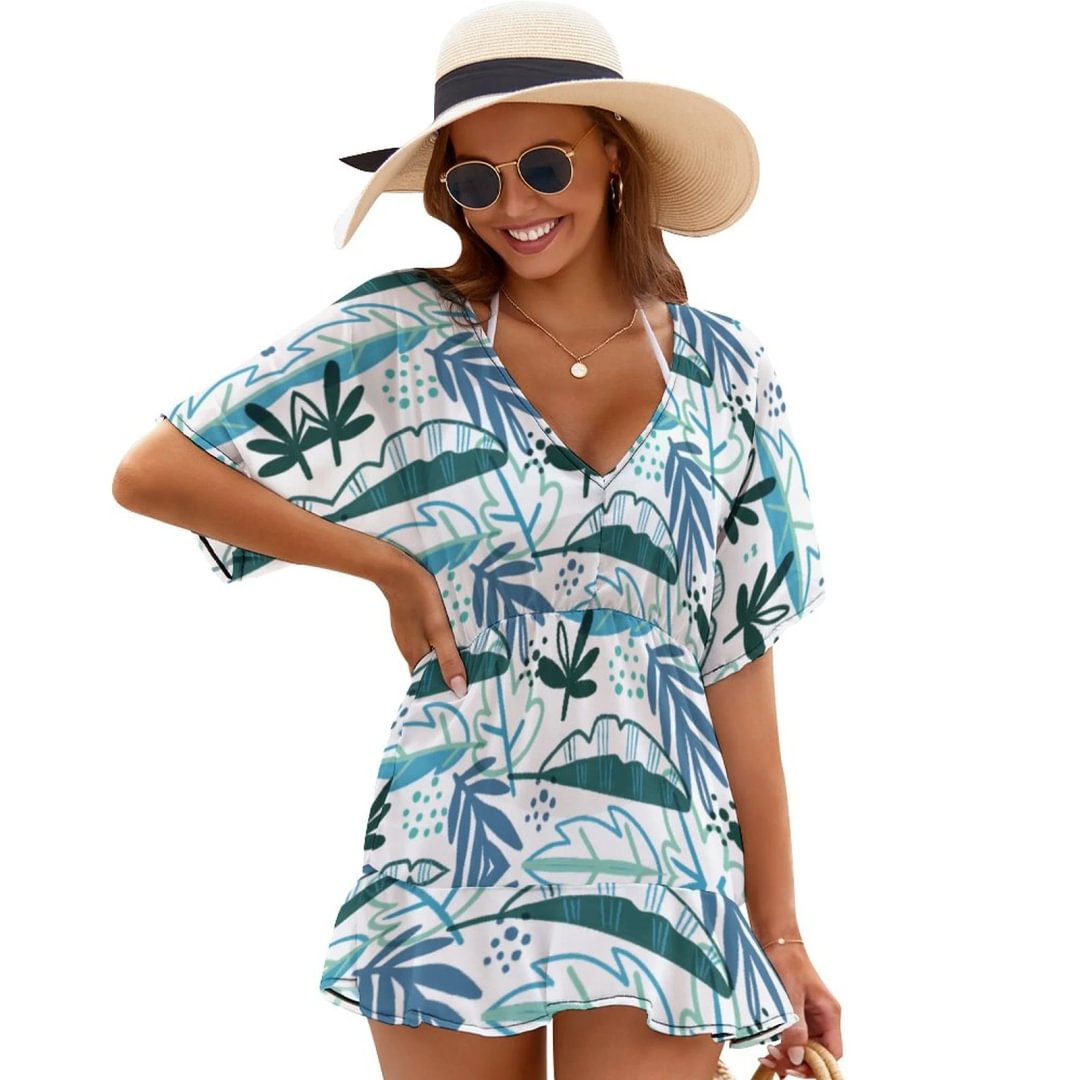 Blue Tropical Pattern With Leaves Summer Beach Chiffon Mini Cover Up Dress