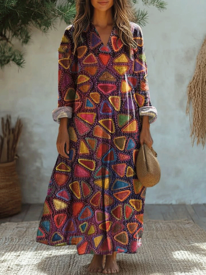 Vintage Geometric Patchwork Pattern Printed Women's Dress