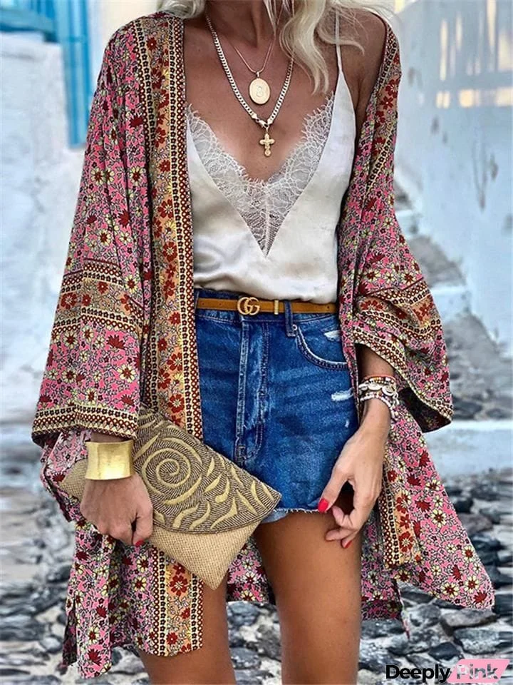 Bohemian Style Floral Pattern Loose Fit Long Sleeve Open Front Cardigan