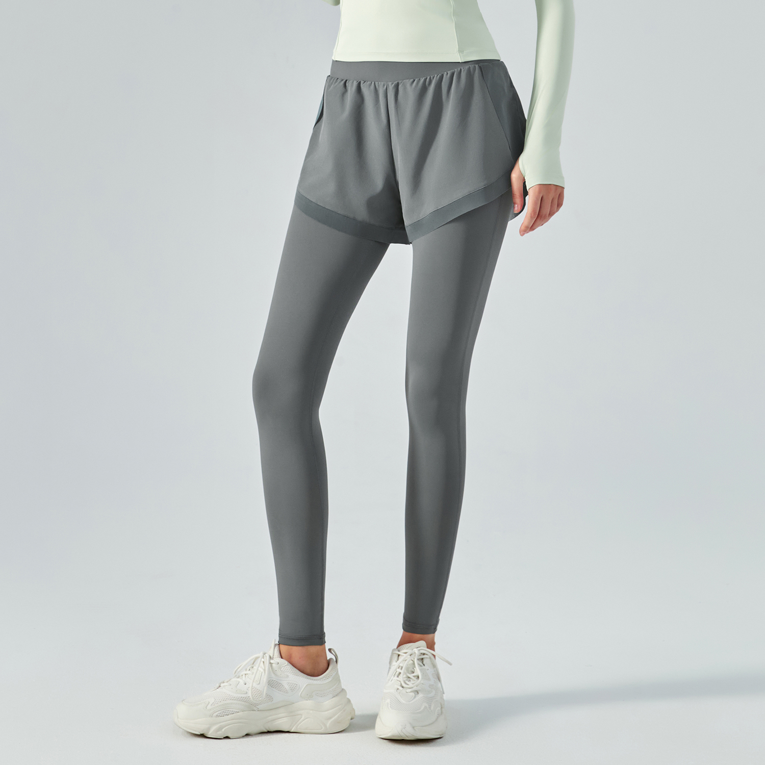 Buy Hergymclothing Fog Gray widened waist tummy control buttery soft sweat wicking running gym leggings shorts with pockets at an affordable price