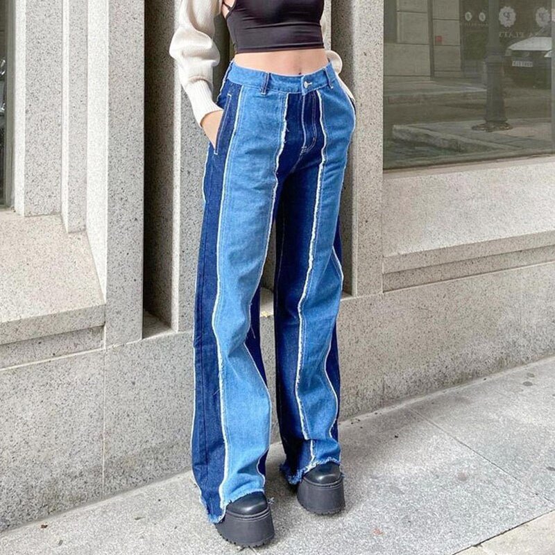 Fashion Women Color Patchwork Straight Long Pants 2021 Summer Autumn Casual Ladies Street Style Low Waist Jeans Blue XL