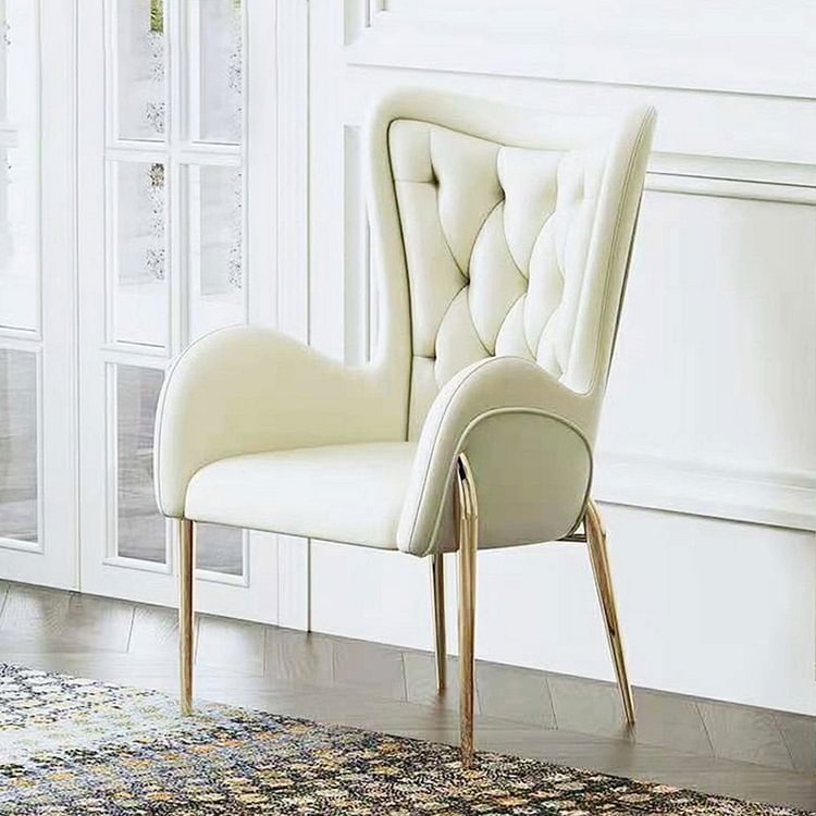 Homemys White Modern Genuine Leather Dining Chair Upholstered High Back Dining Chair in Gold Finish Legs