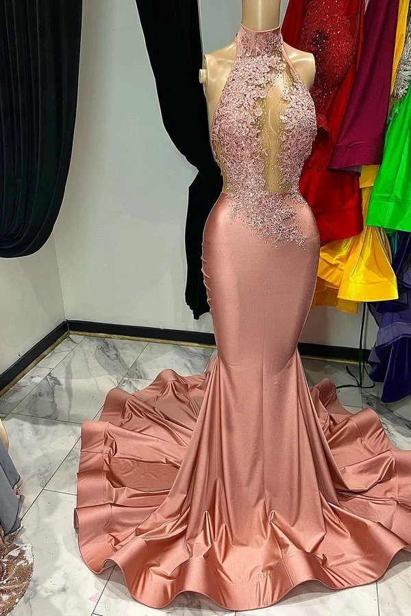 Lisliy Coral Red Mermaid Prom Dress Sleeveless Halter Appliques 
