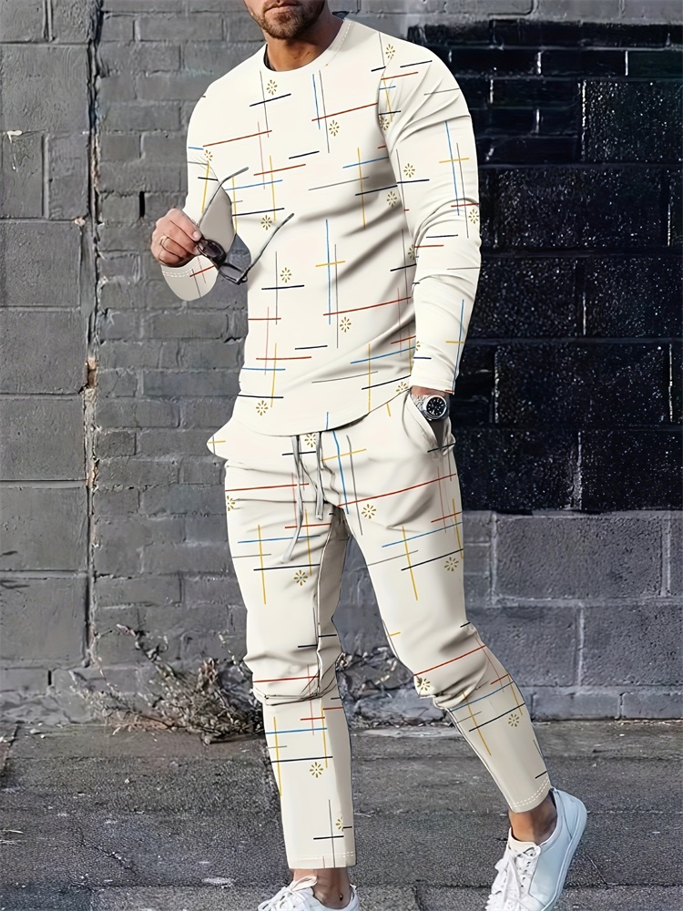 Geswet 2025 New Spring And Autumn Men's Long Sleeve T-shirt And Long Pants Set Daily Street Men's Fashion Long Sleeve T-shirt