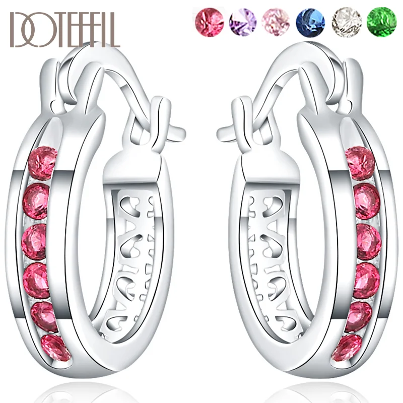 DOTEFFIL 925 Sterling Silver Red/White/Green/Pink/Purple/Blue Zircon Hoop Earrings For Woman Jewelry