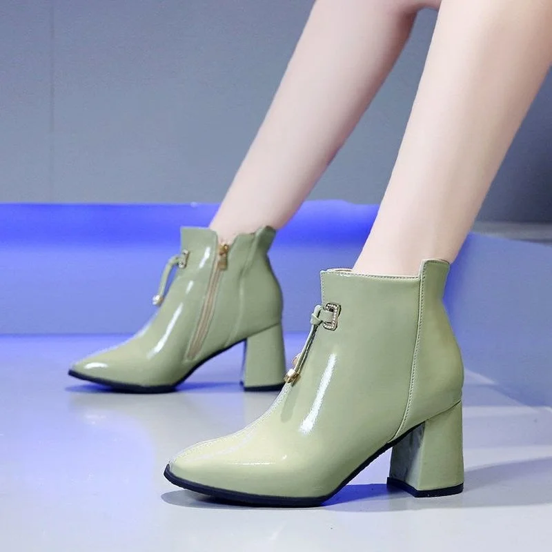 Children's mid-heel side zipper square toe nude boots, new British style thick heel ankle boots, wild high-heeled Martin boots