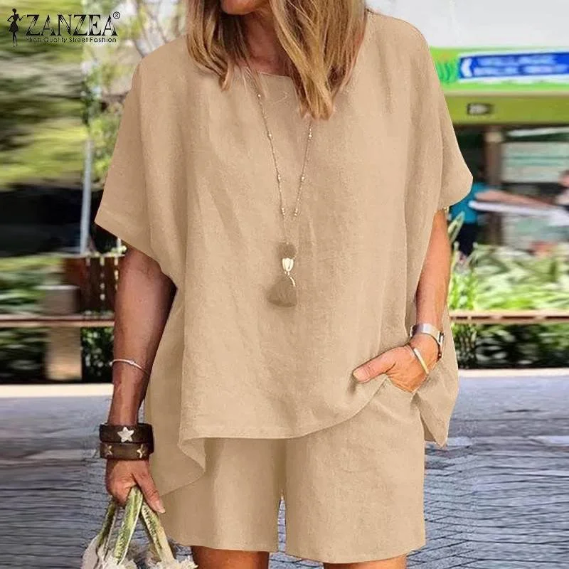 Women's Shorts Suits ZANZEA Summer Short Sleeve Shirt Tops Loose Mini Shorts Two Piece Matching Set Streetwear Casual Tracksuit