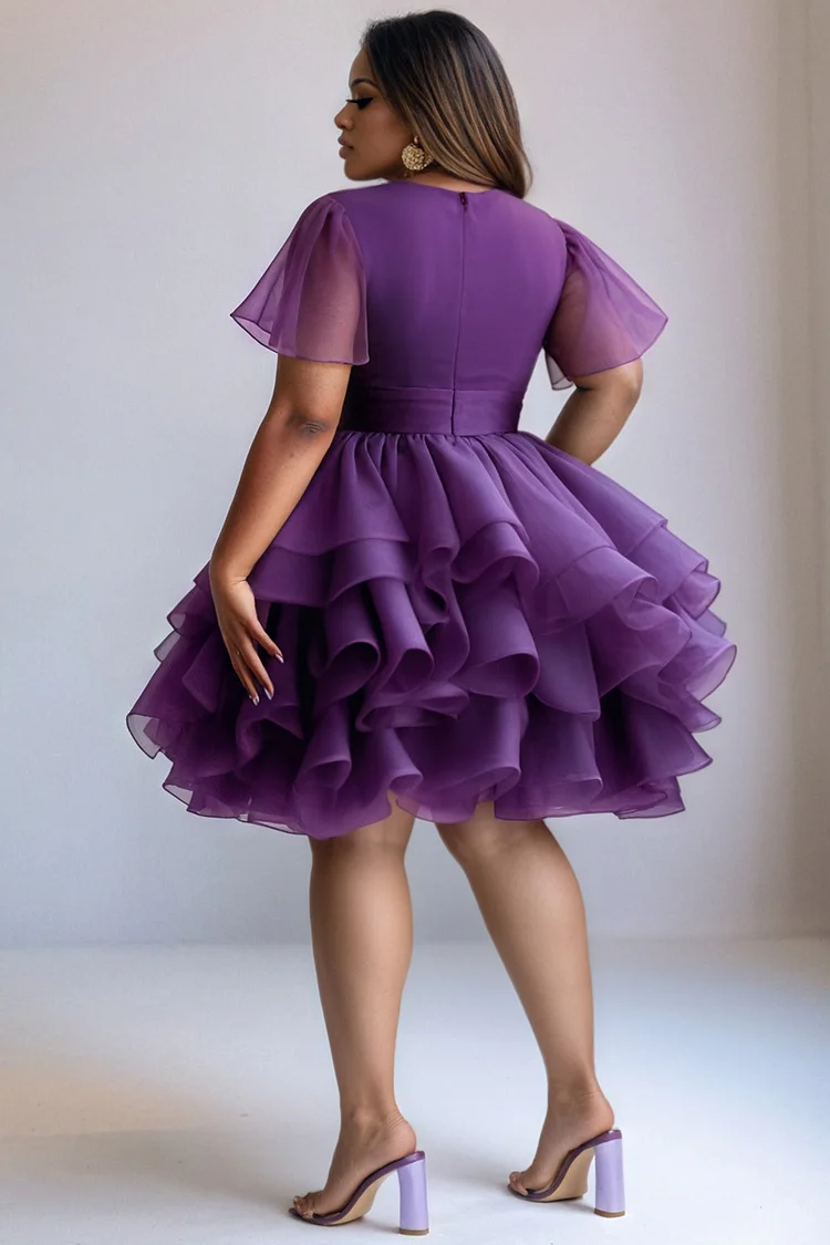 Xpluswear Design Plus Size Cocktail Party Purple Elegant Short Sleeve Bubble Ruffle Tulle Mini Dresses [Pre-Order]