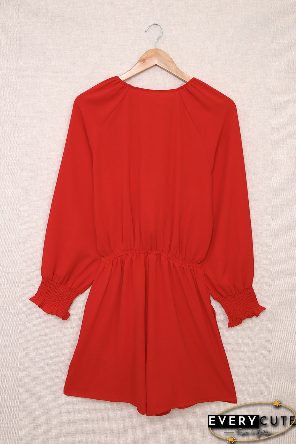 Red Tie Knot Puff Long Sleeve Romper