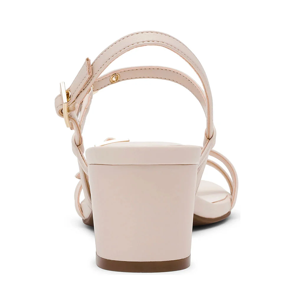 Square Toe Block Low Heel Grommet Buckle Women's Sandals in Ivory