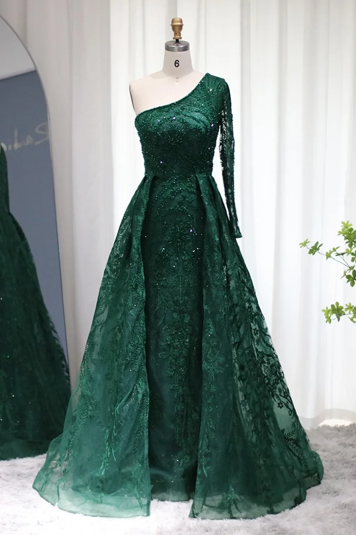 Daisda Emerald One Shoulder Long Sleeves Prom Dress Tulle With Diamond Appliques