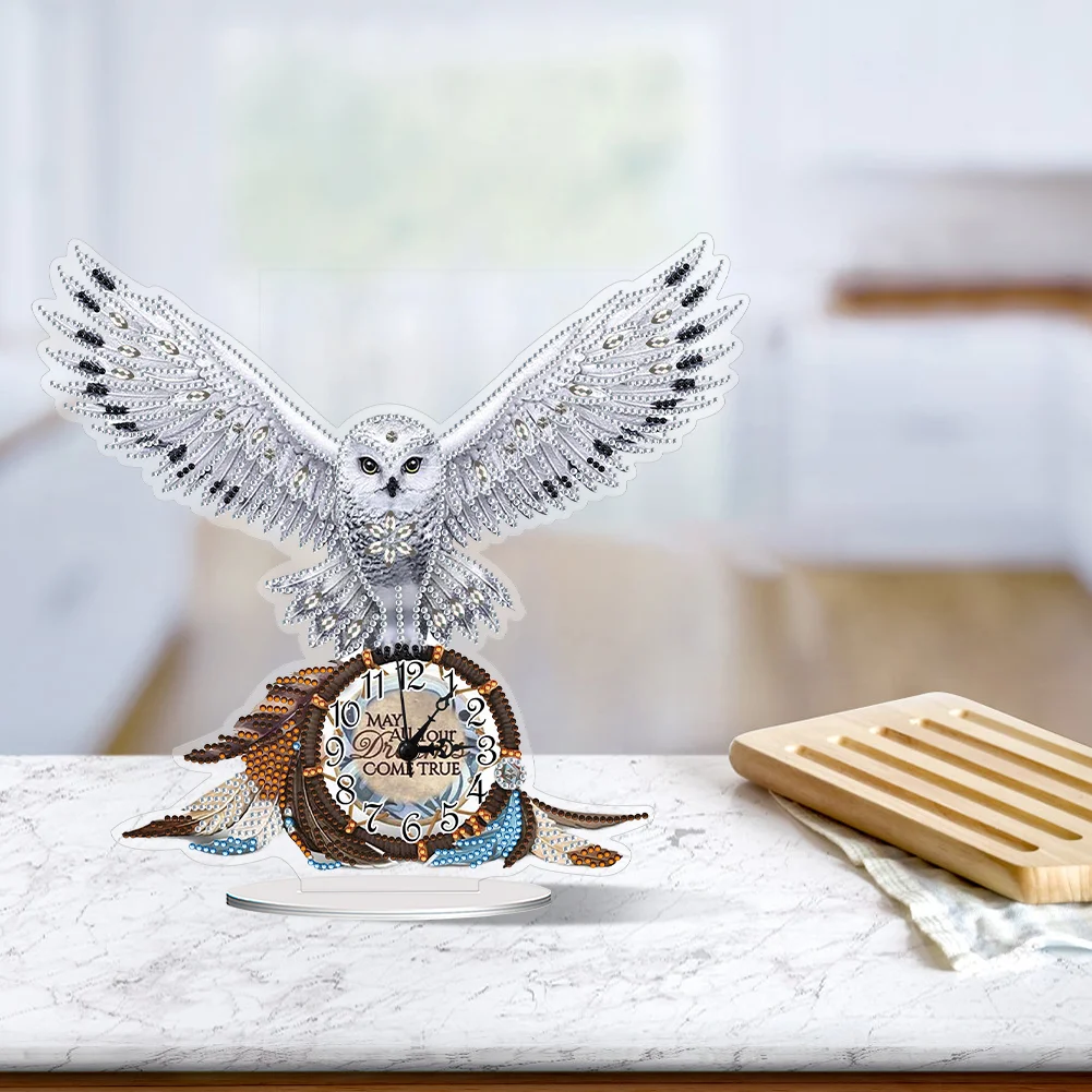 DIY White Owl Special Shape Acrylic Diamond Painting Clock Art Craft