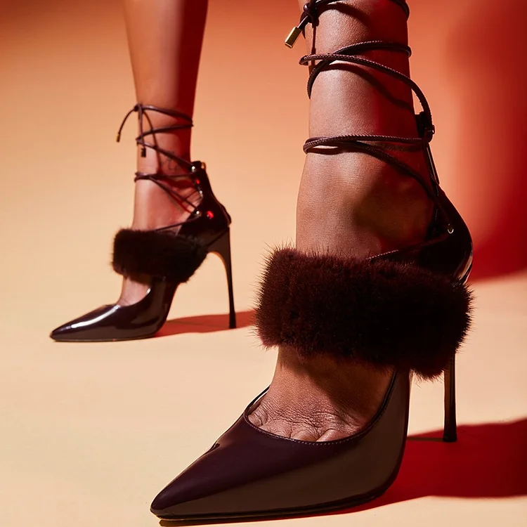 Maroon Pointy Toe Stiletto Heels Elegant Furry Strappy Prom Pumps |FSJ Shoes