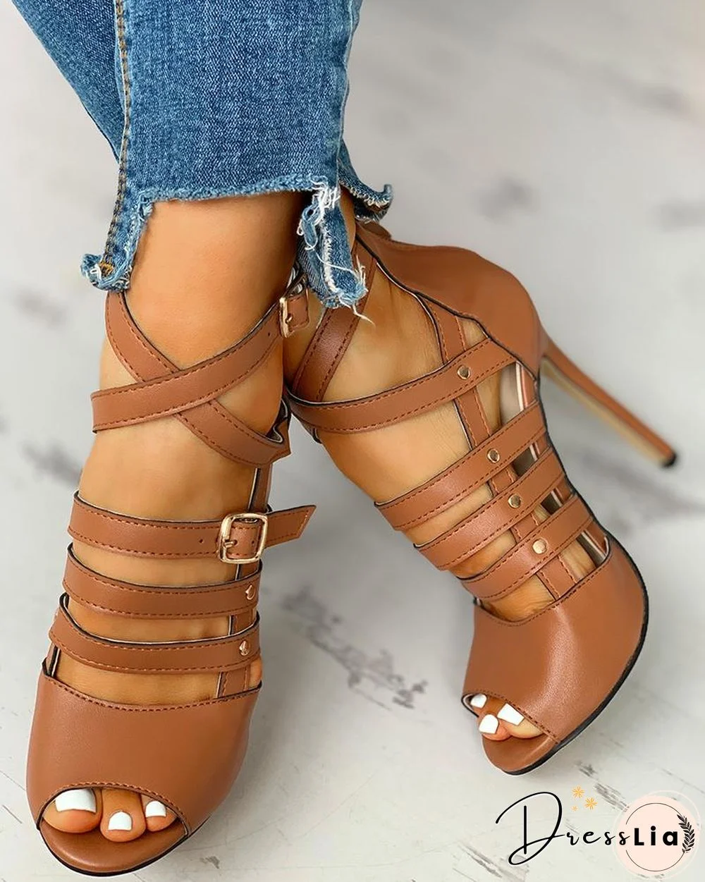 Solid Hollow Out Ankle Strap Thin Heeled Sandals