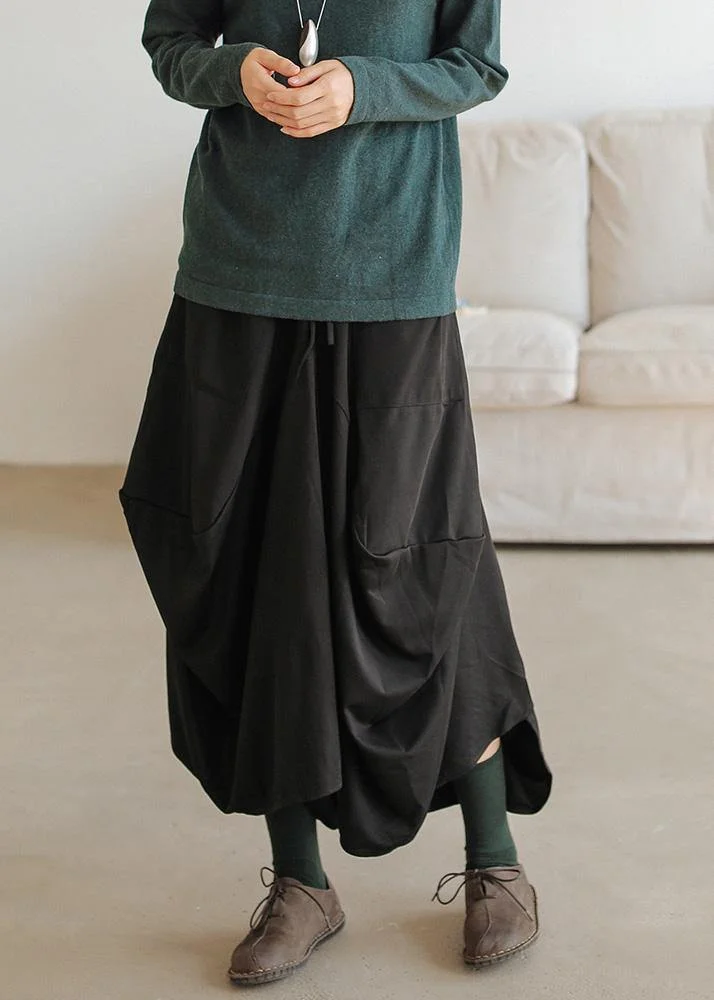 Bohemian black cotton asymmetric Dresses elastic waist