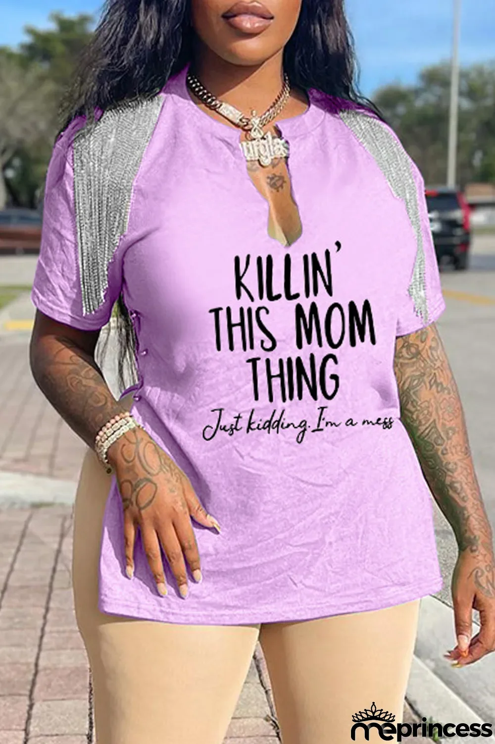 Light Pink Casual Print Tassel Patchwork V Neck T-Shirts