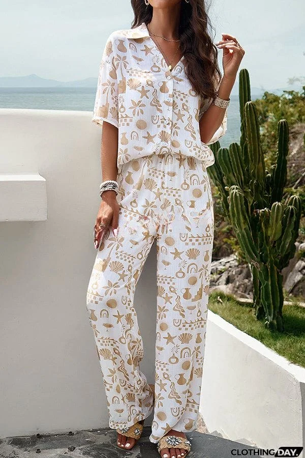 Fun Printed Button Pocket Long Sleeve Shirt and Elastic Waist Pants Set