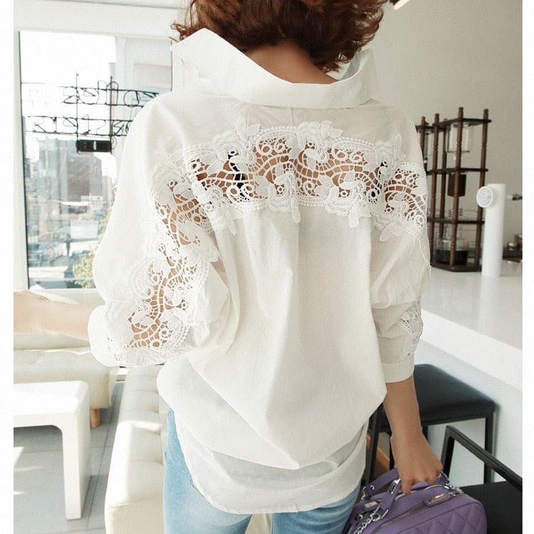 Turn-down Collar Cotton White Blouse Shirts Women Embroidery Floral Hollow Out Sexy Female Shirt Tops Loose Casual Blouses 1310