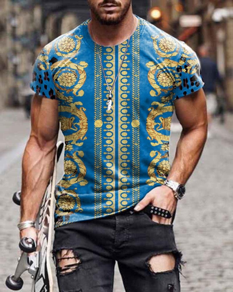 Casual Fashion Blue Retro Totem Short Sleeve T-shirt