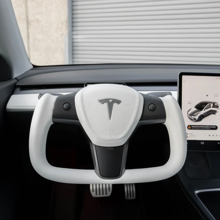 TAPTES Yoke Steering Wheel for Tesla Model 3 Model Y Accessories 2017-2022,  Matt Carbon Fiber Trim Panel Decorate Middle and Sides with Nappa White