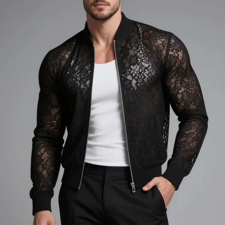 Okaywear Lace See-Through Long Sleeve Zip Up Bomber Jacket Okaywear