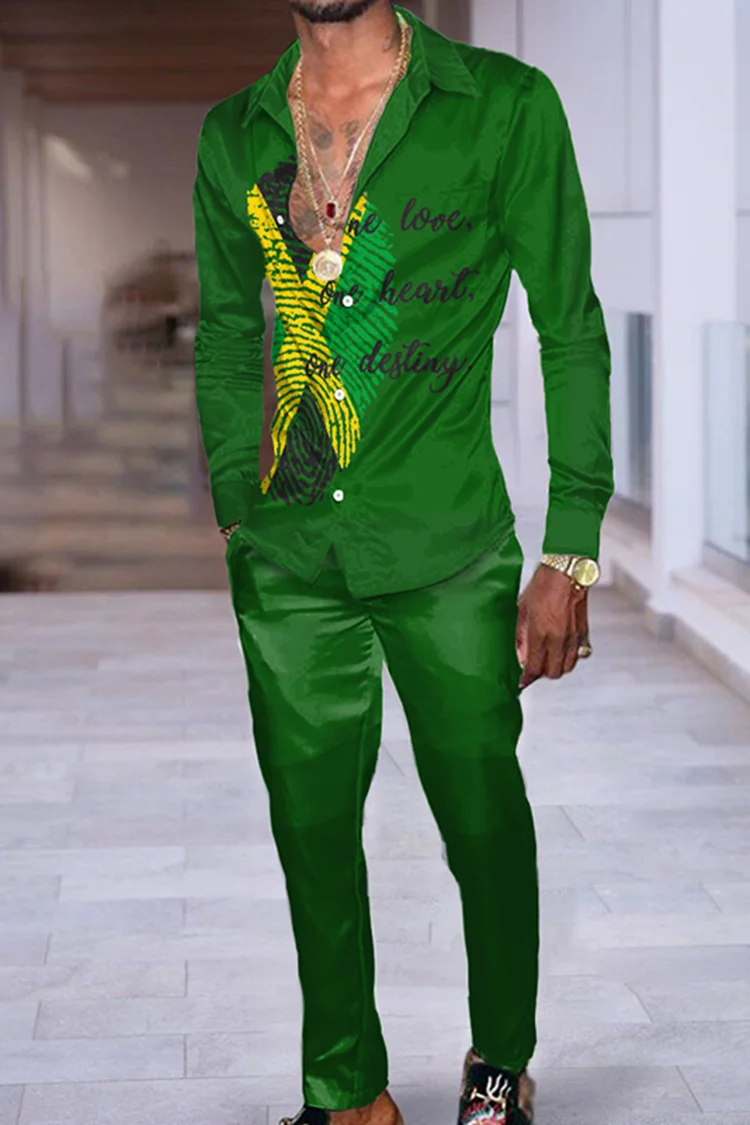 Fashion Men's Reggae Elements Long Sleeve ShirtAnd Pants Two Piece Set