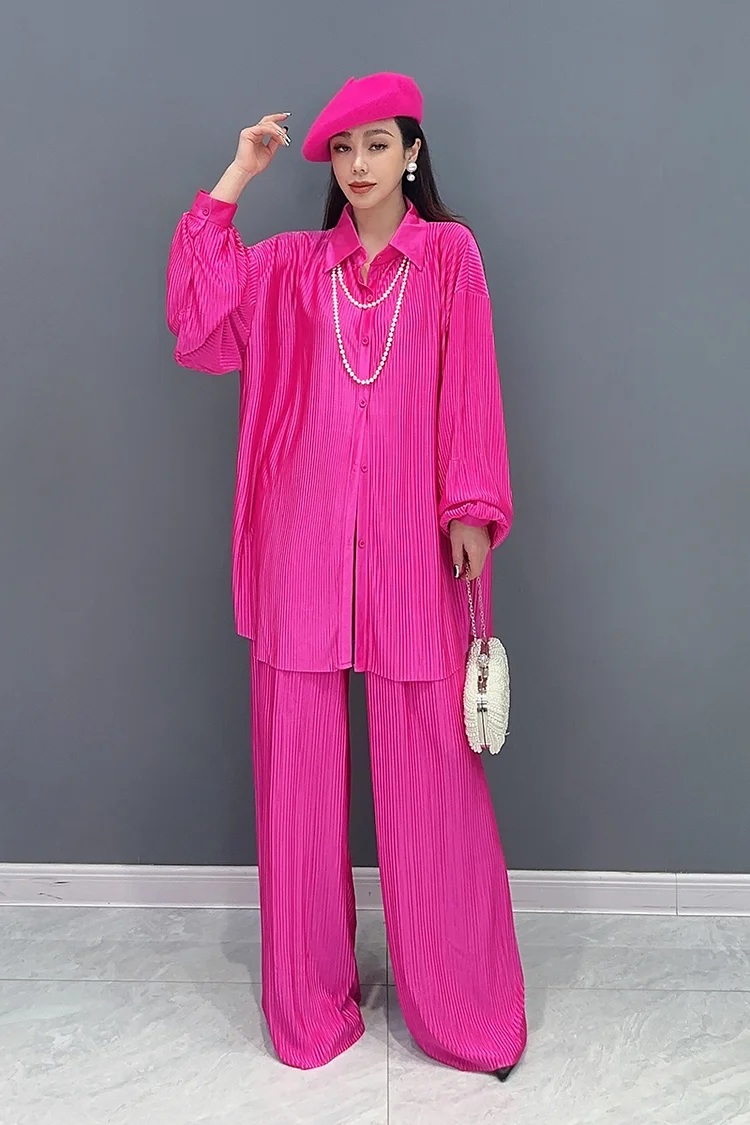 Elegant Pleated Long Sleeve Blouse and Wide Leg Pants Suits