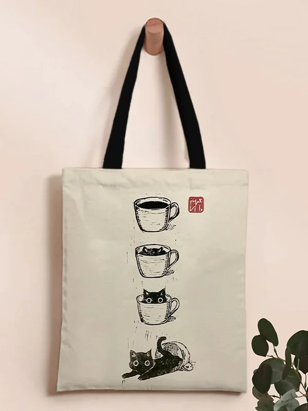 Cat Coffee Cup Japanese Art Painting Print Tote Shoulder Bag