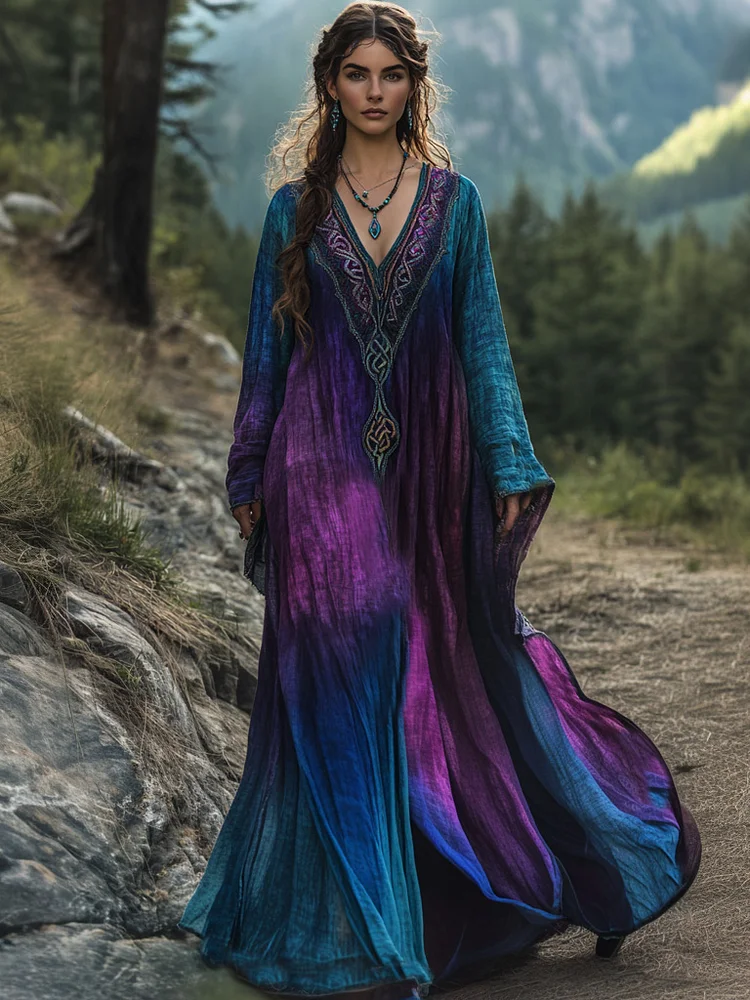 Vintage Viking Tribal Celtic Knot Gradient Linen V-neck Long Kaftan